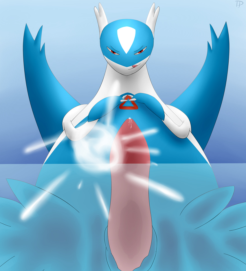 feral gradient_background latios legendary_pok&eacute;mon looking_at_viewer low-angle_shot male nintendo nude on_glass penis pok&eacute;mon precum simple_background solo testowepiwko tongue video_games worm's-eye_view