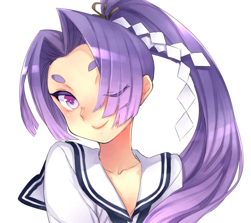 chikuwa_ko collarbone dress eyes_visible_through_hair hatsuharu_(kantai_collection) hikimayu kantai_collection long_hair looking_at_viewer one_eye_closed ponytail purple_eyes purple_hair sailor_dress shide short_eyebrows simple_background smile solo very_long_hair white_background