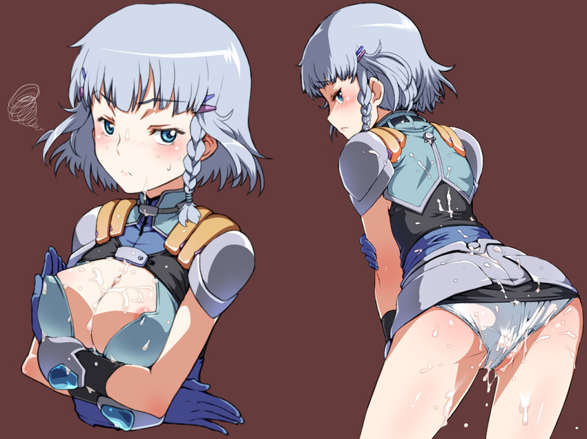 areola_slip areolae blue_eyes braid breasts cleavage cum cum_on_body cum_on_breasts cum_on_clothes cum_on_lower_body cum_on_upper_body large_breasts multiple_views panties seolla_schweizer silver_hair skirt squiggle super_robot_wars super_robot_wars_original_generation tabigarasu underwear white_panties