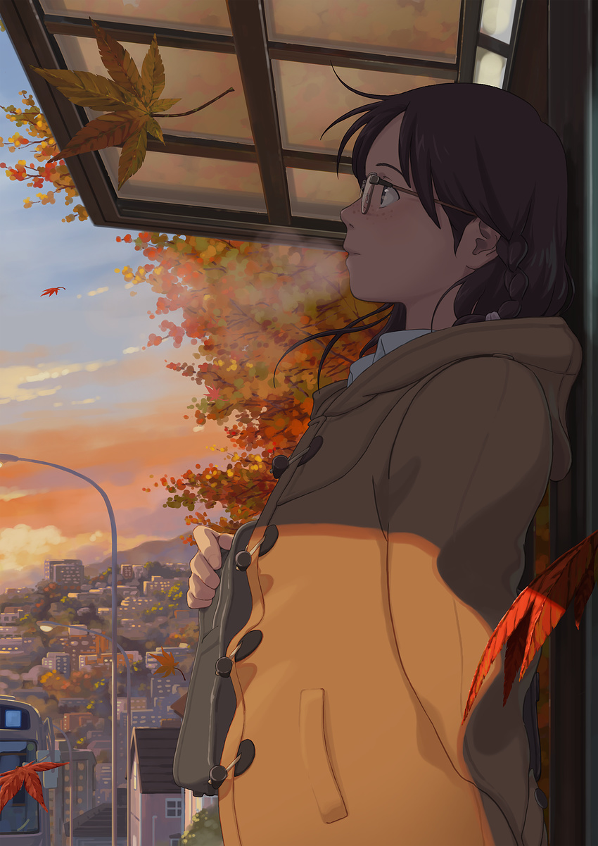 absurdres arm_behind_back autumn autumn_leaves bag bangs braid breath brown-framed_eyewear brown_hair building bus bus_stop city cityscape cloud coat falling_leaves freckles from_side glasses ground_vehicle highres hood hood_down house isai_shizuka leaf long_hair long_sleeves maple_leaf motor_vehicle mountain outdoors parted_lips profile shade shoulder_bag side_braid sky solo sunset town twilight waiting