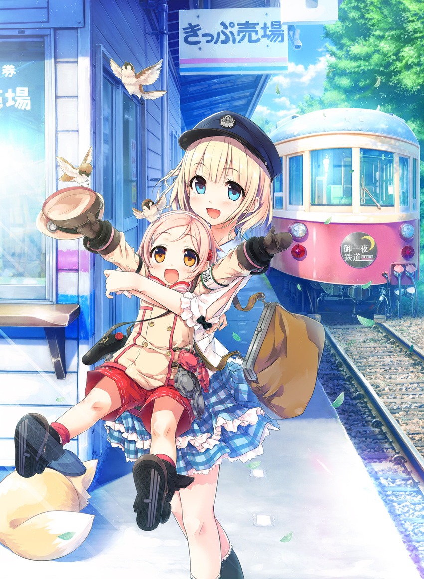 :d absurdres armband bag bird blonde_hair blue_eyes blue_sky carrying cloud cura day eurasian_tree_sparrow gloves ground_vehicle hair_ornament hairclip happy hat highres hinai_paulette maitetsu multiple_girls open_mouth outdoors peaked_cap pink_hair reina_(maitetsu) shoes sky smile sparrow train uniform yellow_eyes