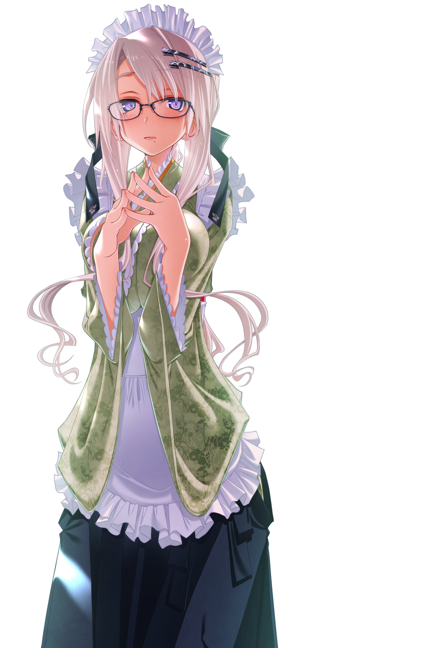 absurdres apron blush breasts glasses hair_ornament hairclip highres japanese_clothes kimono large_breasts long_hair looking_at_viewer maid mole mole_under_mouth original purple_eyes sakuya_tsuitachi silver_hair solo steepled_fingers white_background yukata