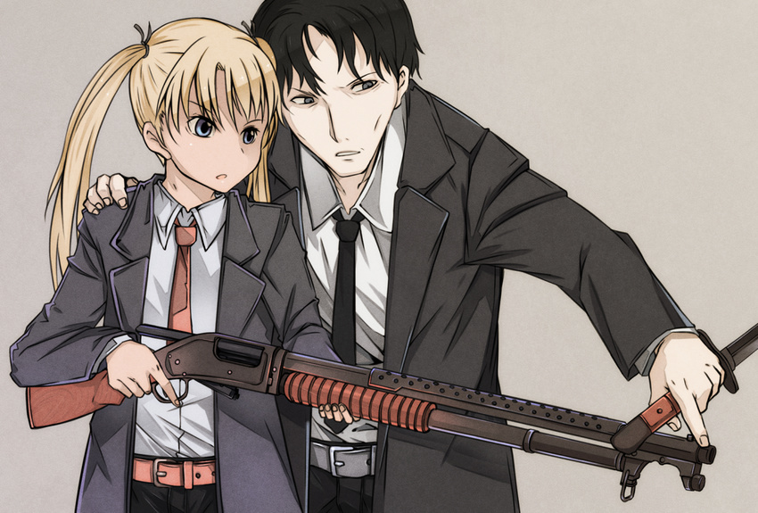 1girl bayonet belt black_eyes black_hair blonde_hair blue_eyes formal gun gunslinger_girl hand_on_another's_shoulder necktie shotgun simple_background suit triela trigger_discipline umoo_futon victor_hillshire weapon winchester_model_1897