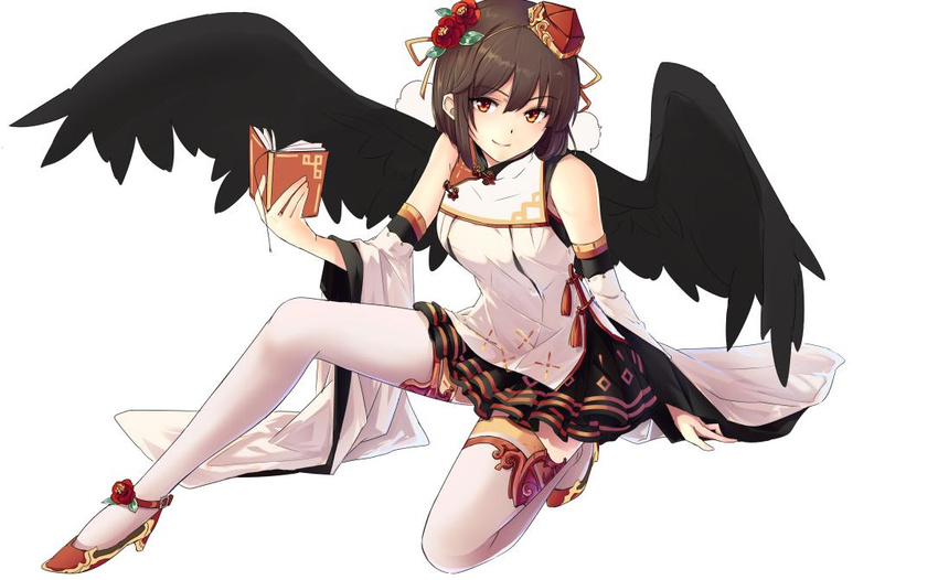 alternate_costume bad_id bad_twitter_id bare_shoulders bird_wings black_wings bonsai book brown_eyes brown_hair bug butterfly chinese_clothes cibo_(killy) commentary_request flower hair_flower hair_ornament hat hat_ribbon insect light_smile lolita_fashion long_sleeves pillar pom_pom_(clothes) qi_lolita ribbon shameimaru_aya shirt simple_background sitting skirt solo thighhighs tokin_hat touhou white_background white_legwear wide_sleeves wings zettai_ryouiki