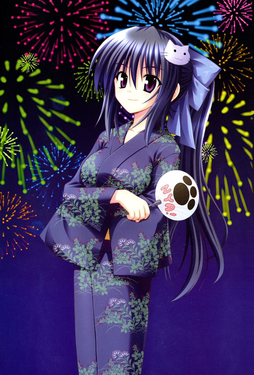 absurdres blue_background blue_hair blush bow breasts cat_hair_ornament fan fireworks floral_print hair_between_eyes hair_bow hair_ornament highres japanese_clothes kimono large_breasts long_hair looking_at_viewer matra_milan noihara_himari official_art omamori_himari paper_fan ponytail purple_eyes simple_background smile solo standing uchiwa very_long_hair whiskers