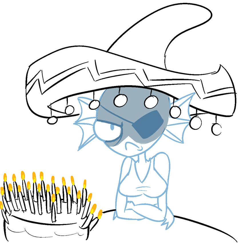 angry birthday bluejr breasts cake candle clothing crossed_arms eye_patch eyewear female fish food frown hat marine monster shirt solo sombrero table undertale undyne video_games
