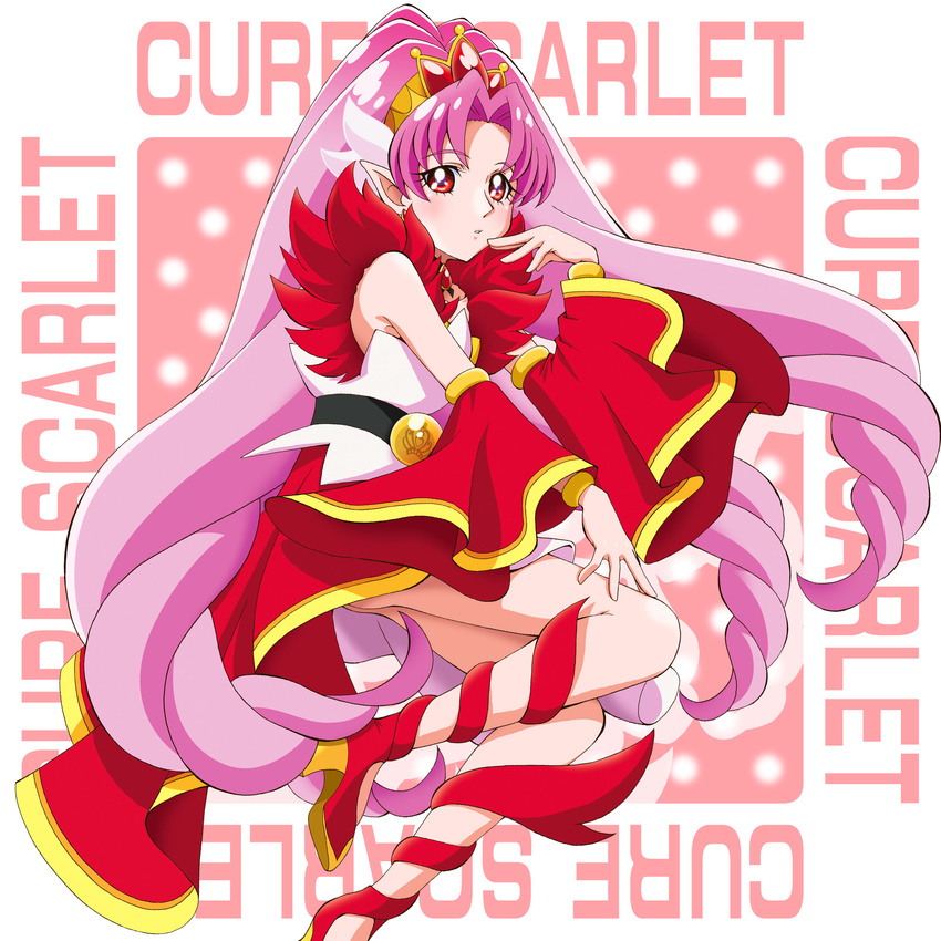 akagi_towa bangs belt boo_(takagi) character_name cure_scarlet detached_sleeves expressionless full_body go!_princess_precure highres long_hair looking_at_viewer magical_girl parted_bangs pink_hair pointy_ears precure red_eyes red_footwear red_skirt red_sleeves shoes skirt solo
