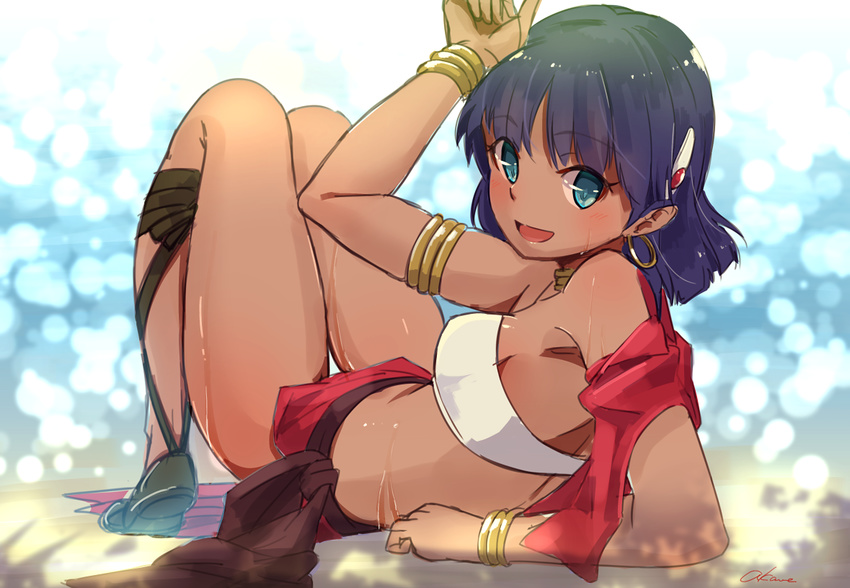 :d arm_support armband bad_id bad_pixiv_id bandeau blue_eyes blue_hair bracelet breasts choker dark_skin earrings fushigi_no_umi_no_nadia hair_ornament hairclip hinoshita_akame hoop_earrings jewelry looking_at_viewer looking_back lying nadia ocean open_mouth short_hair small_breasts smile solo strapless sweat thigh_gap wet