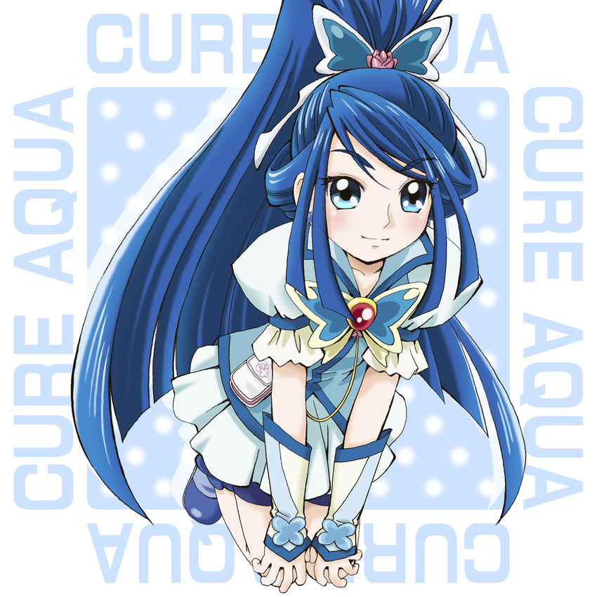 bike_shorts blue blue_background blue_eyes blue_footwear blue_hair blue_shorts boo_(takagi) butterfly_hair_ornament character_name cure_aqua full_body hair_ornament highres kneeling long_hair looking_at_viewer magical_girl minazuki_karen polka_dot polka_dot_background ponytail precure puffy_sleeves shoes shorts shorts_under_skirt skirt smile solo white_skirt wide_ponytail wrist_cuffs yes!_precure_5 yes!_precure_5_gogo!