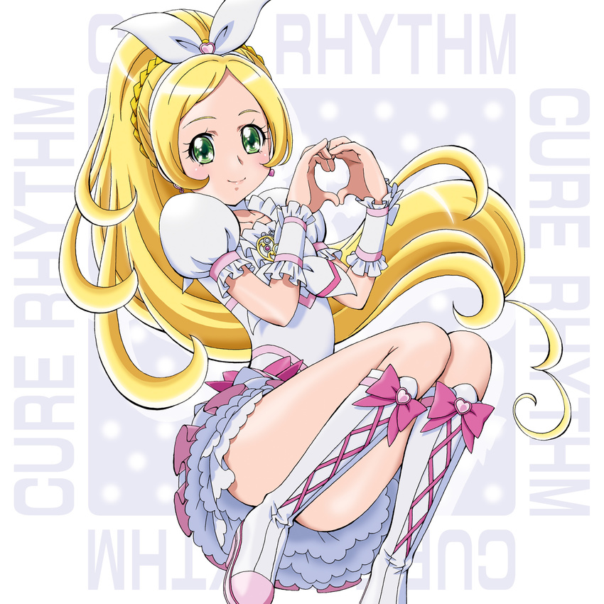 blonde_hair boo_(takagi) boots bow braid brooch character_name choker cure_rhythm frilled_skirt frills full_body green_eyes hair_bow hair_ornament hairband heart heart_hair_ornament heart_hands highres jewelry knee_boots long_hair looking_at_viewer magical_girl minamino_kanade pink_bow precure puffy_sleeves skirt smile solo suite_precure white_bow white_choker white_footwear wrist_cuffs