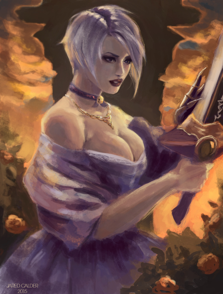 airbrush_(medium) alternate_costume bare_shoulders breasts choker cleavage dress gauntlets highres holding holding_weapon isabella_valentine jared_calder jewelry large_breasts necklace short_hair silver_hair solo soul_edge soulcalibur sword weapon