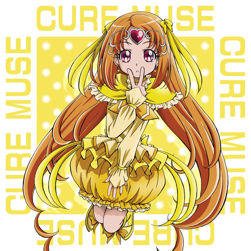 boo_(takagi) boots bow brown_hair bubble_skirt character_name choker circlet cure_muse_(yellow) earrings frills full_body hair_bow heart highres jewelry knee_boots long_hair looking_at_viewer polka_dot polka_dot_background precure red_eyes shirabe_ako skirt solo suite_precure twintails v yellow_background yellow_bow yellow_choker yellow_footwear yellow_skirt