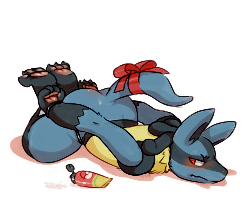 anthro ass_up bdsm blush bound bow butt canine fully_bound glitter_trap_boy looking_back lube lucario lying male mammal nintendo on_front pawpads pok&eacute;mon signature solo video_games