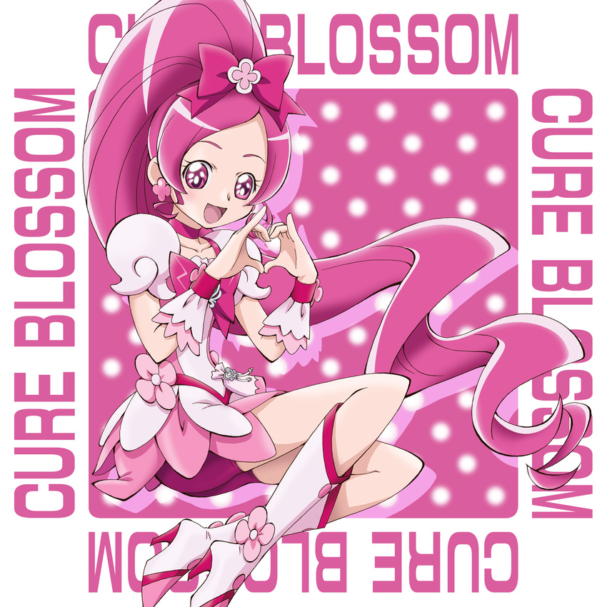 :d bike_shorts boo_(takagi) boots bow character_name choker cure_blossom flower full_body hair_bow hair_flower hair_ornament hanasaki_tsubomi happy heart heart_hands heartcatch_precure! highres knee_boots long_hair looking_at_viewer magical_girl open_mouth pink pink_bow pink_choker pink_eyes pink_hair pink_skirt ponytail precure shorts shorts_under_skirt sitting skirt smile solo white_footwear wrist_cuffs