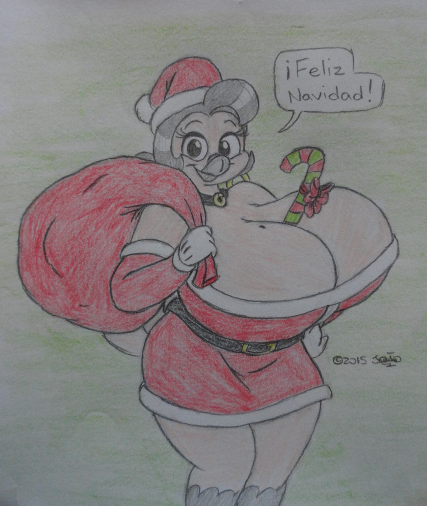 2015 absurd_res anthro avian beak beauty_mark big_breasts bird black_hair breasts candy candy_cane choker christmas cleavage clothed clothing costume eyelashes female food hair hat hi_res holidays huge_breasts jpp looking_at_viewer pavita_pechugona sack santa_costume santa_hat signature smile solo spanish_text speech_bubble text traditional_media_(artwork) turkey