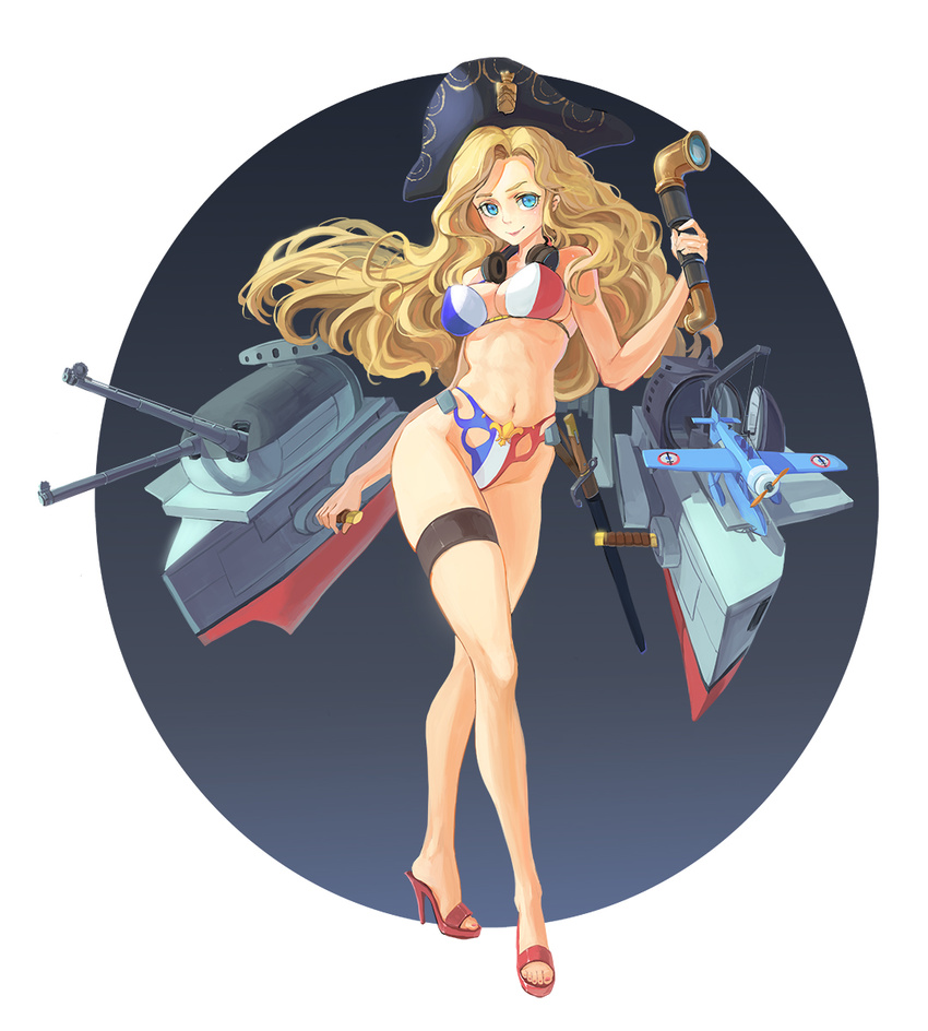 aircraft airplane bayonet bikini blonde_hair cannon check_artist contrapposto crane crossed_legs flag_print fleur_de_lis france french_flag french_flag_bikini full_body gradient gradient_background hat headphones headphones_around_neck high_heels highres hips kantai_collection legs lipstick long_hair long_legs looking_at_viewer makeup mecha_musume midriff navel original outside_border pacific periscope print_bikini red_footwear rigging round_image sheath sheathed shoes sima_naoteng simple_background solo standing surcouf_(pacific) swimsuit thigh_strap tricorne very_long_hair watson_cross wavy_hair wide_hips