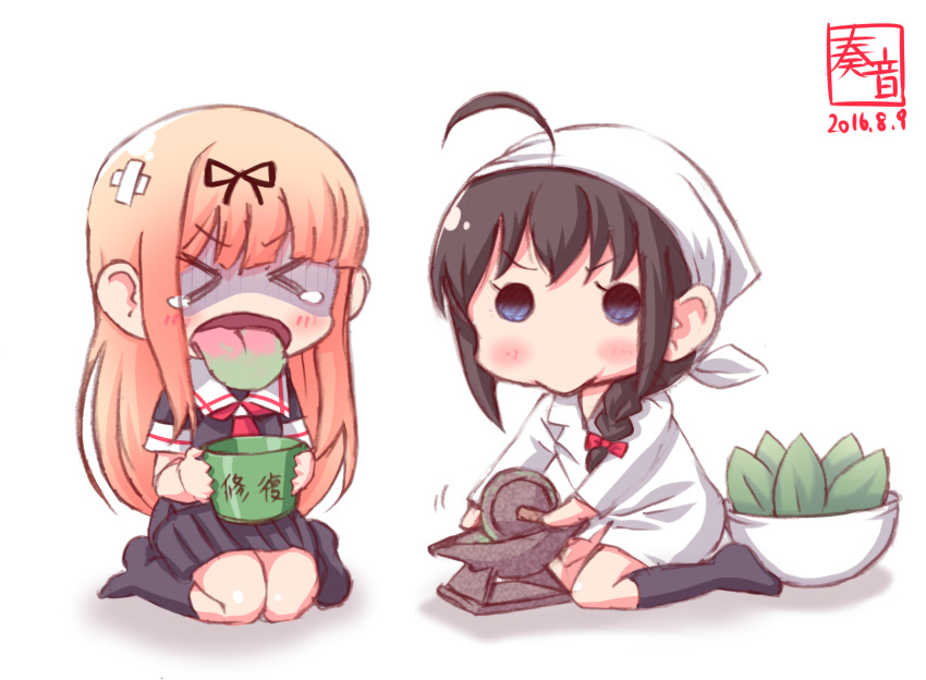 &gt;_&lt; ahoge alternate_costume apron artist_name black_legwear black_ribbon black_serafuku black_skirt blonde_hair blue_eyes bowl braid brown_hair bucket closed_eyes commentary dated hair_ornament hair_over_shoulder hair_ribbon head_scarf highres kanon_(kurogane_knights) kantai_collection kappougi long_hair multiple_girls open_mouth pleated_skirt repair_bucket revision ribbon school_uniform seiza serafuku shaded_face shigure_(kantai_collection) short_sleeves single_braid sitting skirt straight_hair swertia_japonica tenugui tongue tongue_out wariza white_background yagen_(tool) younger yuudachi_(kantai_collection)