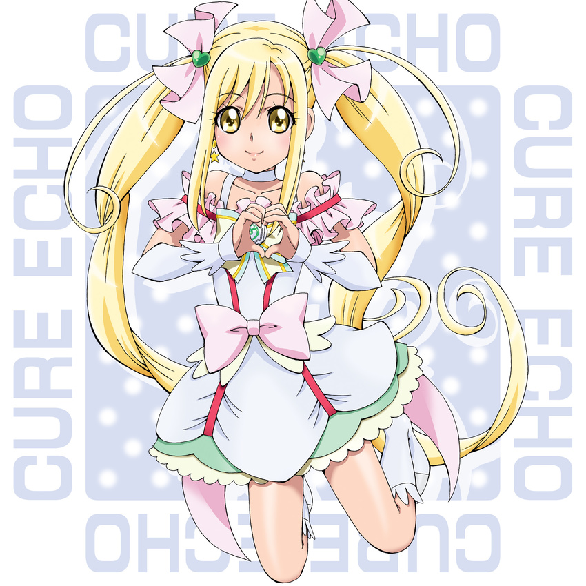 blonde_hair boo_(takagi) boots bow character_name choker cure_echo earrings frills full_body hair_ornament hair_ribbon heart heart_hair_ornament heart_hands highres jewelry knee_boots long_hair looking_at_viewer magical_girl pink_bow precure precure_all_stars_new_stage:_mirai_no_tomodachi ribbon sakagami_ayumi skirt smile solo twintails white_choker white_footwear white_skirt wrist_cuffs yellow_eyes