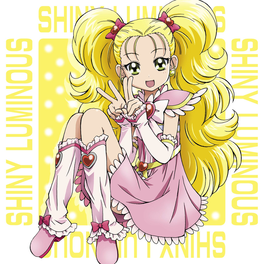 :d arm_warmers blonde_hair boo_(takagi) boots bow brooch character_name double_v earrings frills full_body futari_wa_precure futari_wa_precure_max_heart green_eyes hair_bow hair_ornament heart heart_earrings heart_hair_ornament highres jewelry knee_boots kujou_hikari leg_warmers long_hair looking_at_viewer magical_girl open_mouth pink_bow pink_footwear pink_skirt precure shiny_luminous sitting skirt smile solo twintails v white_bow yellow_background