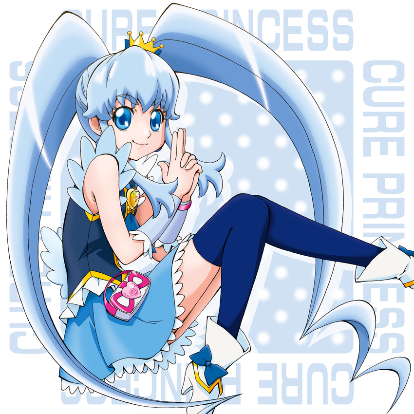 black_legwear blue_bow blue_eyes blue_hair blue_skirt boo_(takagi) bow brooch character_name crown cure_princess eyebrows full_body happinesscharge_precure! highres jewelry long_hair looking_at_viewer magical_girl mini_crown precure shirayuki_hime shoes sidelocks skirt smile solo thick_eyebrows thighhighs twintails white_footwear wrist_cuffs