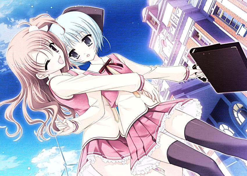 :o ;d arm_around_waist bag bangs black_legwear blue_eyes blue_hair blue_sky blush bow breasts briefcase building clenched_hand cloud collared_shirt cowboy_shot day dutch_angle embarrassed frilled_skirt frills fuuka_(prism_magical) hair_between_eyes hair_bow hair_ornament hands_together happy highres holding holding_bag hug hug_from_behind long_hair long_sleeves looking_at_another looking_at_viewer miniskirt multiple_girls neck_ribbon official_art one_eye_closed one_side_up open_clothes open_mouth open_vest orange_hair outdoors outline parted_bangs pleated_skirt pom_pom_(clothes) prism_magical purple_eyes ribbon scan school_bag school_briefcase school_uniform shirt short_hair skirt sky small_breasts smile standing surprised tanihara_natsuki thighhighs vest wachi_yuri wavy_hair wind_turbine windmill zettai_ryouiki