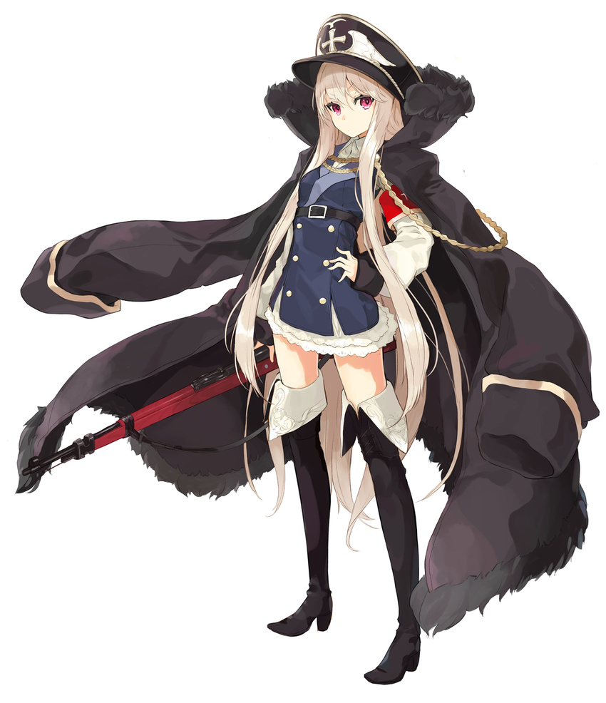 armband black_footwear black_legwear bolt_action boots buttons coat double-breasted full_body fur_trim girls_frontline gun hat high_heel_boots high_heels highres kar98k_(girls_frontline) long_hair looking_at_viewer mauser_98 military military_uniform miruto_netsuki peaked_cap purple_eyes rifle solo thigh_boots thighhighs uniform very_long_hair weapon white_background white_hair zettai_ryouiki