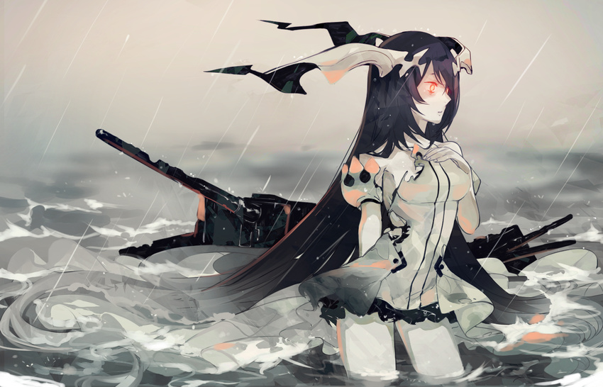anchorage_water_oni cannon cloud cloudy_sky damaged eules hand_on_own_chest horns kantai_collection long_hair ocean pale_skin puffy_sleeves rain red_eyes shinkaisei-kan sinking sky solo storm torn_clothes very_long_hair