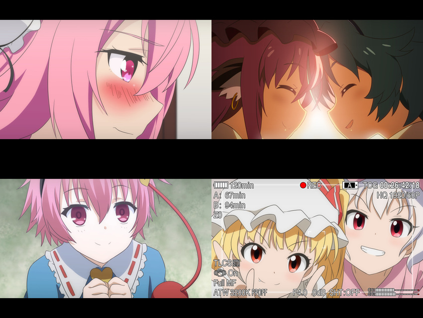 :d ^_^ animal_ears anime_coloring blouse blush cato_(monocatienus) closed_eyes commentary_request double_v fang_out flandre_scarlet forehead-to-forehead gakusen_toshi_asterisk grin hairband hat houkago_no_pleiades ibaraki_kasen idolmaster idolmaster_cinderella_girls jewelry komeiji_satori letterboxed mob_cap multiple_girls mystia_lorelei open_mouth pink_eyes pink_hair rakudai_kishi_no_cavalry recording red_eyes remilia_scarlet short_hair shy single_earring smile touhou v vector_trace white_hair wriggle_nightbug