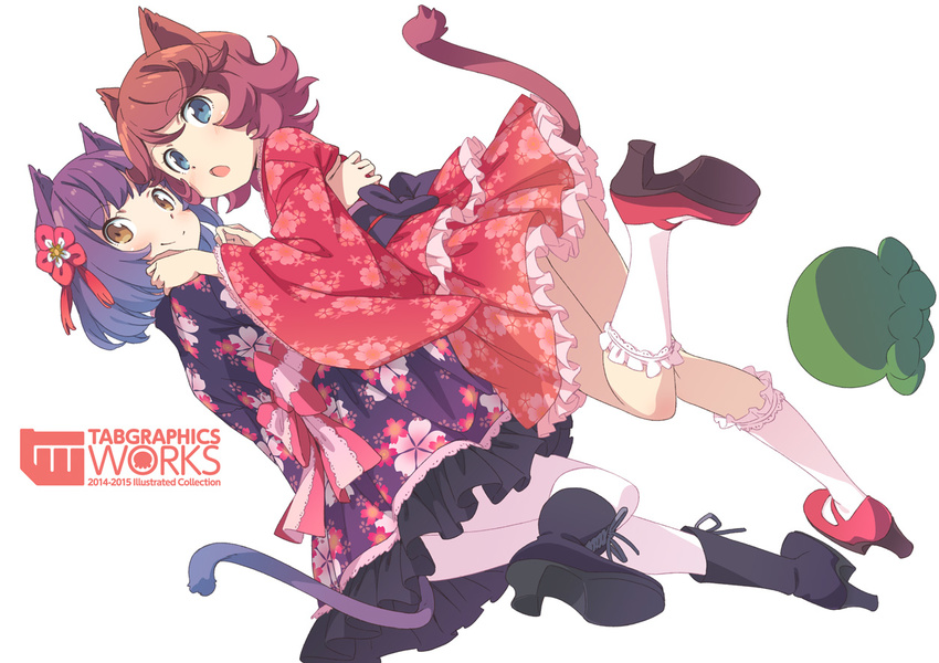 :o animal_ears bangs blue_eyes blue_hair bob_cut boots brown_eyes cat_ears cat_tail circle_name comiket_89 commentary_request cover cover_page doujin_cover dutch_angle floral_print flower frilled_legwear frills full_body gradient_hair hair_flower hair_ornament high_heel_boots high_heels hug japanese_clothes kanzaki_hiro kimono kneehighs looking_at_viewer looking_back multicolored_hair multiple_girls obi open_mouth original pantyhose red_hair sash short_hair smile standing standing_on_one_leg tail tassel white_background white_legwear yukata