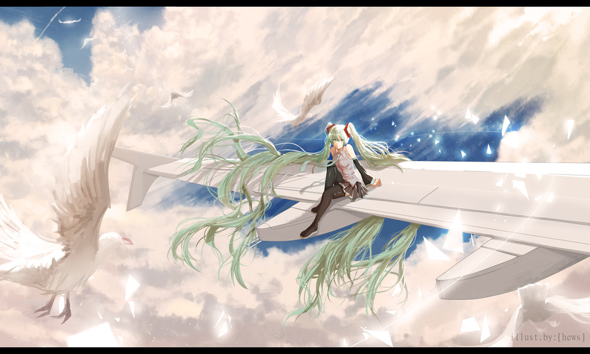absurdly_long_hair absurdres aircraft airplane artist_name bird black_footwear boots cloud detached_sleeves floating_hair full_body green_eyes green_hair hatsune_miku hews_hack highres huge_filesize letterboxed long_hair necktie paid_reward patreon_reward sitting skirt sky solo thigh_boots thighhighs twintails very_long_hair vocaloid