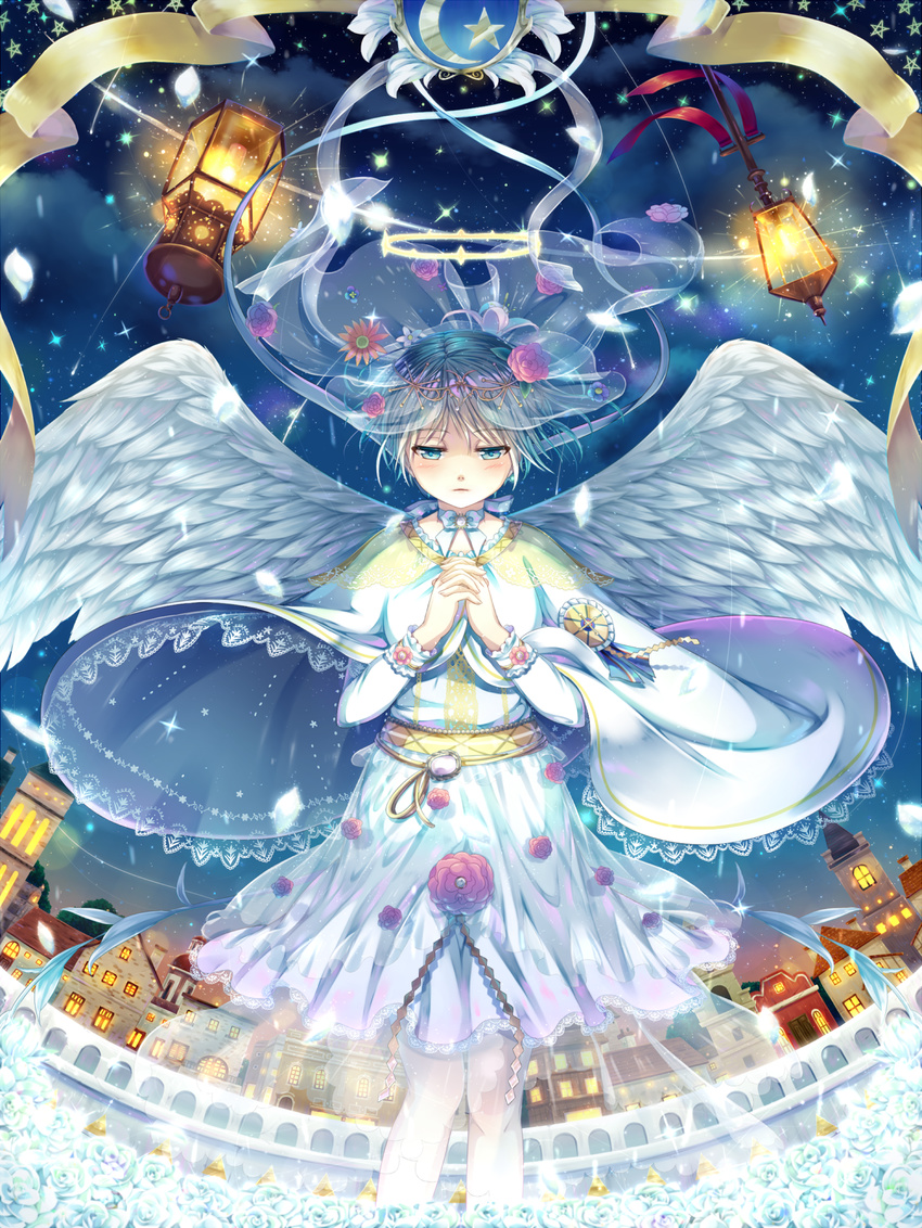 angel angel_wings blue_eyes blue_hair halo highres original sakakidani short_hair sky solo star_(sky) starry_sky wings
