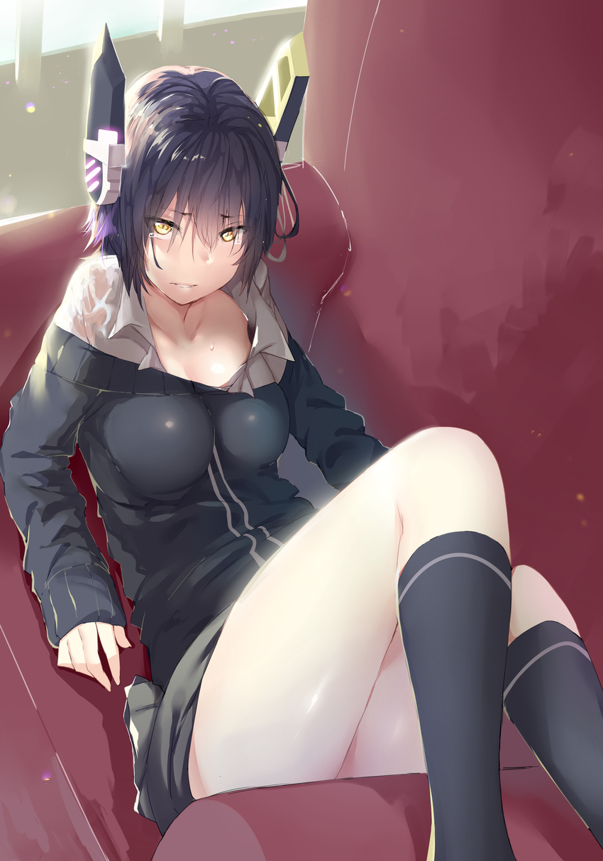 absurdres artist_name blush breasts clothes_pull couch headgear hews_hack highres kantai_collection large_breasts looking_at_viewer lying no_eyepatch on_back open_clothes open_shirt paid_reward patreon_reward purple_hair school_uniform shirt short_hair skirt solo sweat sweater sweater_pull tears tenryuu_(kantai_collection) yellow_eyes