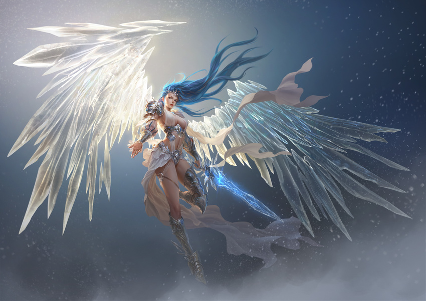 blue_eyes blue_hair breasts floating_hair flying greaves highres ice ice_wings large_breasts large_wings league_of_angels lips long_hair looking_at_viewer navel outstretched_arms realistic rike_lee sideboob solo spread_arms sword thighs tiara weapon wings