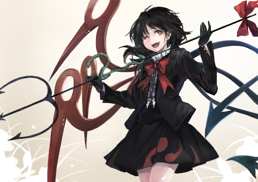 asymmetrical_wings black_dress black_gloves black_hair blazer bow dress fangs gloves houjuu_nue ichiba_youichi jacket long_sleeves one_eye_closed open_blazer open_clothes open_jacket open_mouth polearm red_eyes ribbon short_hair smile snake solo touhou trident vest weapon wings