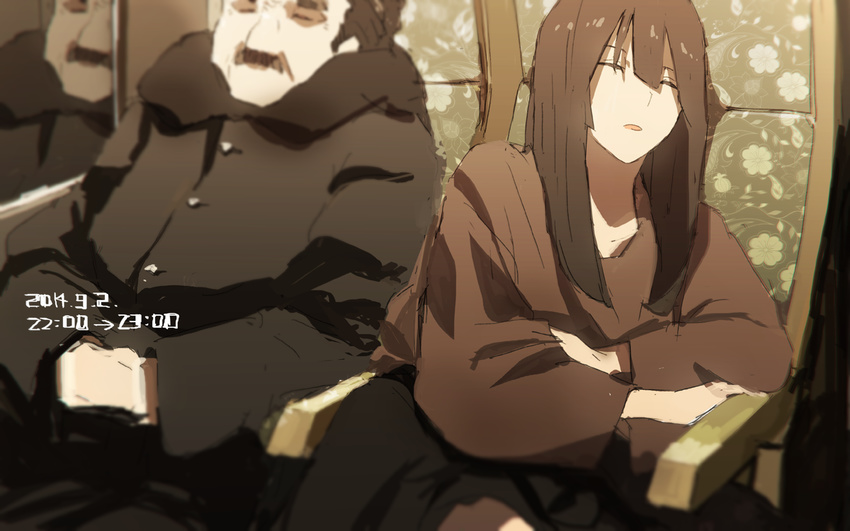 coat commentary_request facial_hair george_holmes_borrett hms_monarch_(siirakannu) kantai_collection long_hair mustache night original siirakannu sleeping sweater train_interior winter_clothes winter_coat