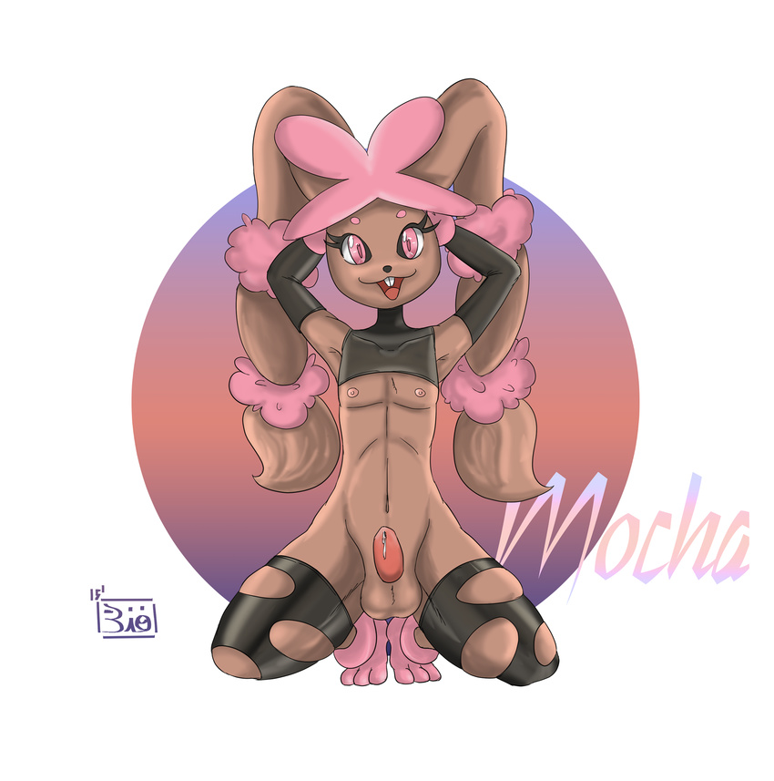 2015 anthro balls biovixy clothing erection girly lagomorph looking_at_viewer lopunny male mammal mega_evolution mega_lopunny nintendo open_mouth penis pok&eacute;mon simple_background solo tapering_penis video_games