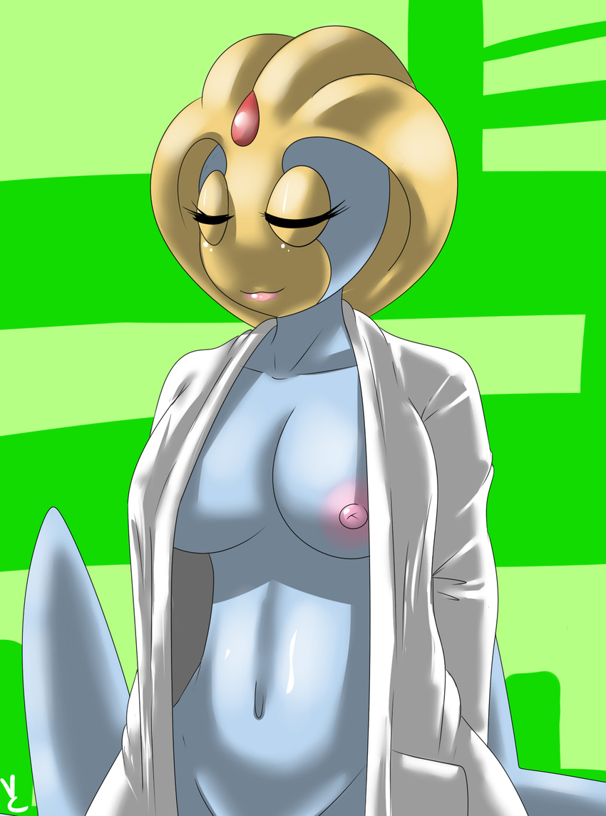 2015 anthro big_breasts blush breasts clothed clothing eyes_closed female half-dressed humanoid lab_coat legendary_pok&eacute;mon navel nintendo nipples nude pok&eacute;mon smile solo uxie video_games virate-chip