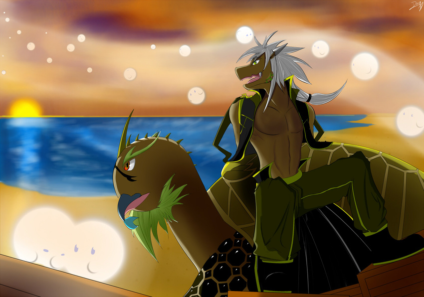 box clothed clothing divine dragon dragonking007 draice eyebrow fairy fish fur green_eyes green_fur green_tatto hair horn laish long_hair male marine marine_turtle muscular muscular_male reptile scalie sea sea_turtle silver_hair simple_background smile spirit sunset tattoo teeth turtle water