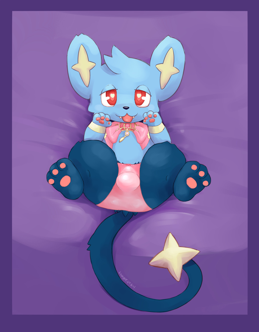 bed begging begging_pose bow bulge clothing feline girly lambent lingerie looking_at_viewer lying mammal nintendo on_back on_bed panties pok&eacute;mon shinx solo spread_legs spreading tongue tongue_out underwear video_games