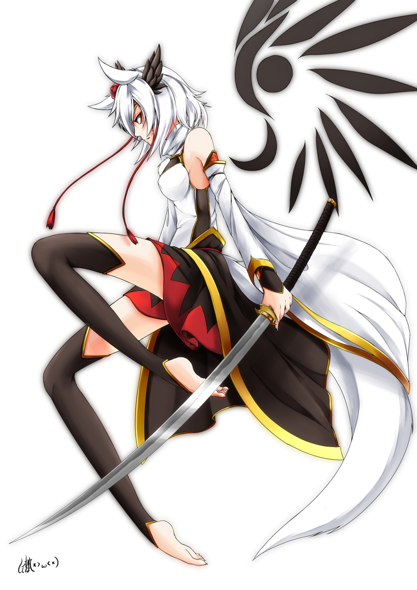 animal_ears bare_shoulders barefoot breasts detached_sleeves facepaint from_side full_body hat highres holding holding_sword holding_weapon inubashiri_momiji inyuppo katana long_sleeves medium_breasts pom_pom_(clothes) profile red_eyes serious short_hair silver_hair simple_background skirt solo sword tail thighhighs toeless_legwear tokin_hat touhou weapon white_background wolf_ears wolf_tail zettai_ryouiki