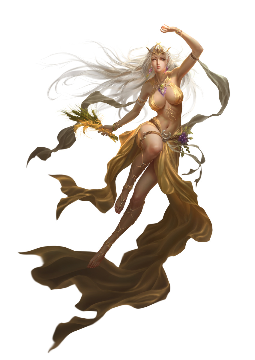 absurdres arm_up armpits bare_legs bare_shoulders barefoot bracelet breasts brown_eyes dress feet floating floating_hair food front-tie_top fruit full_body grapes highres jewelry large_breasts league_of_angels legs lips long_hair navel realistic rike_lee shading_eyes smile solo transparent_background wheat white_hair