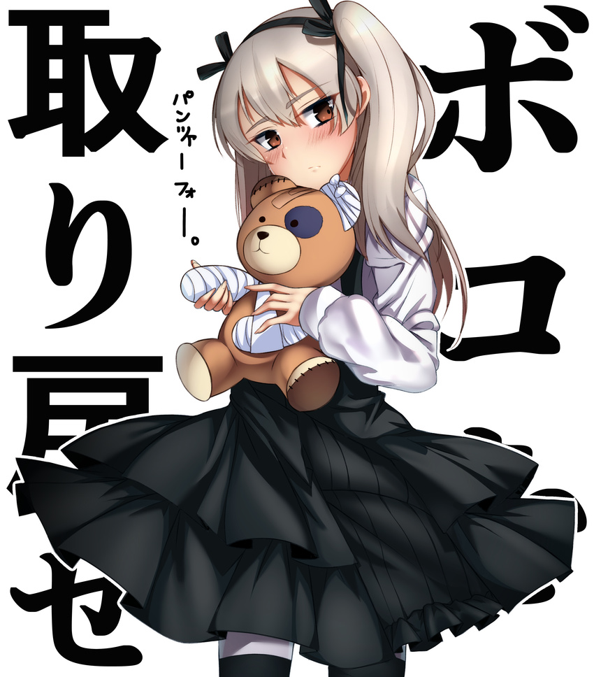 absurdres bandages black_dress black_eye blush boko_(girls_und_panzer) brown_eyes brown_hair commentary cowboy_shot dress frilled_dress frills girls_und_panzer hair_ribbon hairband highres holding injury kenmomose long_hair long_sleeves looking_at_viewer ribbon shimada_arisu shirt side_ponytail solo standing striped striped_legwear stuffed_animal stuffed_toy teddy_bear thighhighs translated white_background white_shirt