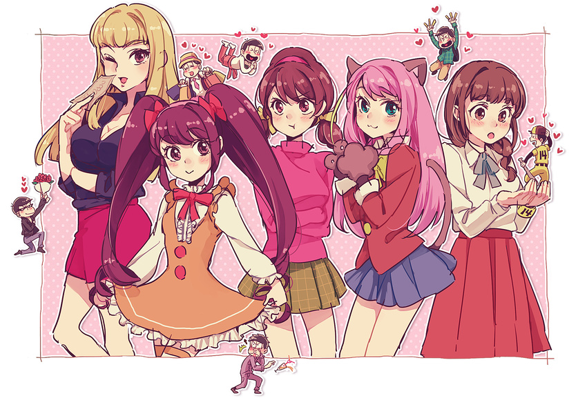 6+boys :t animal_ears bangs black_hair blonde_hair blunt_bangs bouquet braid breasts brothers brown_eyes brown_hair cat_ears cat_tail chibimi chibita cleavage closed_eyes flower genderswap genderswap_(mtf) gloves hairband hashimoto_nyaa heart iyami iyayo juushimatsu's_girlfriend large_breasts long_hair low_twintails matsuno_choromatsu matsuno_ichimatsu matsuno_juushimatsu matsuno_karamatsu matsuno_osomatsu matsuno_todomatsu multiple_boys multiple_girls osomatsu-kun osomatsu-san paw_gloves paws pink_hair school_uniform short_hair short_twintails siblings skirt smile tail turtleneck twintails v-shaped_eyebrows wristband yamano_(151515) yowai_totoko