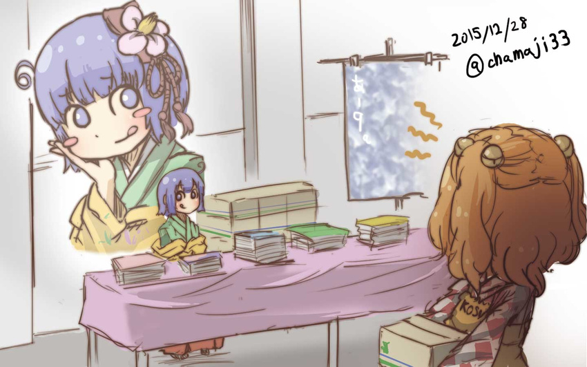 :q ahoge apron blue_eyes blue_hair blush_stickers book box carrying chamaji checkered comiket commentary facing_another facing_away flower hair_bobbles hair_flower hair_ornament hieda_no_akyuu japanese_clothes long_sleeves motoori_kosuzu multiple_girls orange_hair poster_(object) projected_inset short_hair sitting table tablecloth tongue tongue_out touhou twintails