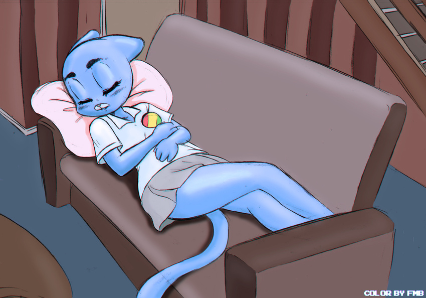 anthro blue_fur cat clothed clothing feline female fur mammal mature_female mother nicole_watterson parent skirt sleeping solo the_amazing_world_of_gumball thigh wide_hips