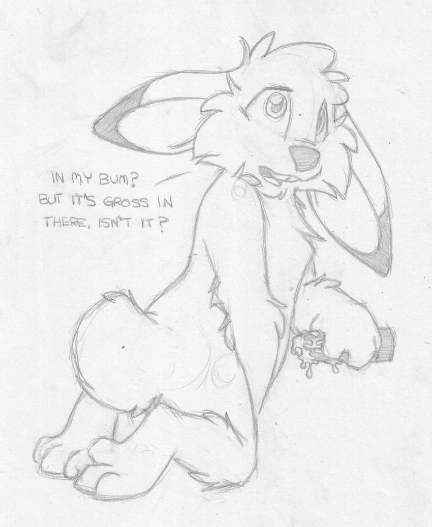 anthro barefoot buckteeth cub dialogue english_text greyscale holding_sex_toy jake_cottontail kneeling lagomorph looking_at_viewer looking_back male mammal mizzyam monochrome nude open_mouth pencil_(artwork) rabbit rear_view sex_toy solo talking_to_viewer teeth text traditional_media_(artwork) young