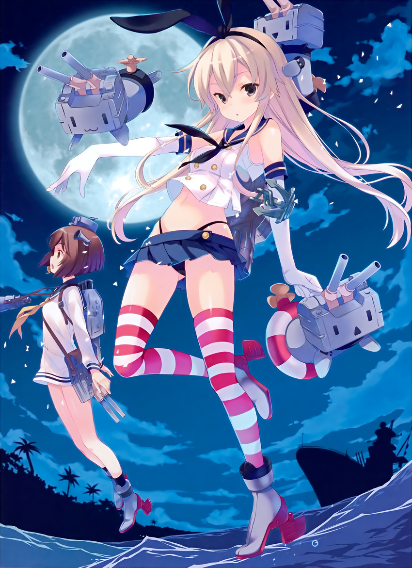 :3 :o absurdres anchor_hair_ornament bare_shoulders binoculars black_panties brown_eyes brown_hair crop_top crop_top_overhang elbow_gloves full_body full_moon gloves hair_between_eyes hair_ornament highleg highleg_panties highres innertube kantai_collection long_hair midriff miniskirt moon multiple_girls navel night night_sky ohara_tometa outdoors outstretched_arm panties rensouhou-chan sailor_collar shimakaze_(kantai_collection) short_hair skirt sky striped striped_legwear thighhighs underwear white_gloves yukikaze_(kantai_collection)