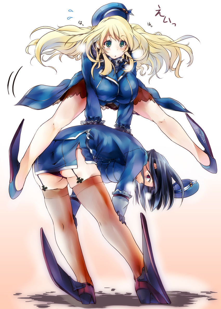 artist_name ass atago_(kantai_collection) bent_over beret black_gloves black_hair blonde_hair blush breasts flying_sweatdrops garter_straps gloves gradient gradient_background green_eyes hanging_breasts hat highres kantai_collection kousaka_yami large_breasts leap_frog lingerie long_hair military military_uniform multiple_girls no_legwear pink_background red_eyes short_hair side_slit simple_background spread_legs standing takao_(kantai_collection) thighhighs triangle_mouth underwear uniform