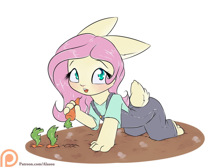 2015 alasou alpha_channel anthro carrot clothing eyelashes female fluttershy_(mlp) food friendship_is_magic fur hair lagomorph long_hair looking_at_viewer mammal my_little_pony open_mouth overalls patreon pink_hair rabbit simple_background solo teal_eyes transparent_background vegetable yellow_fur