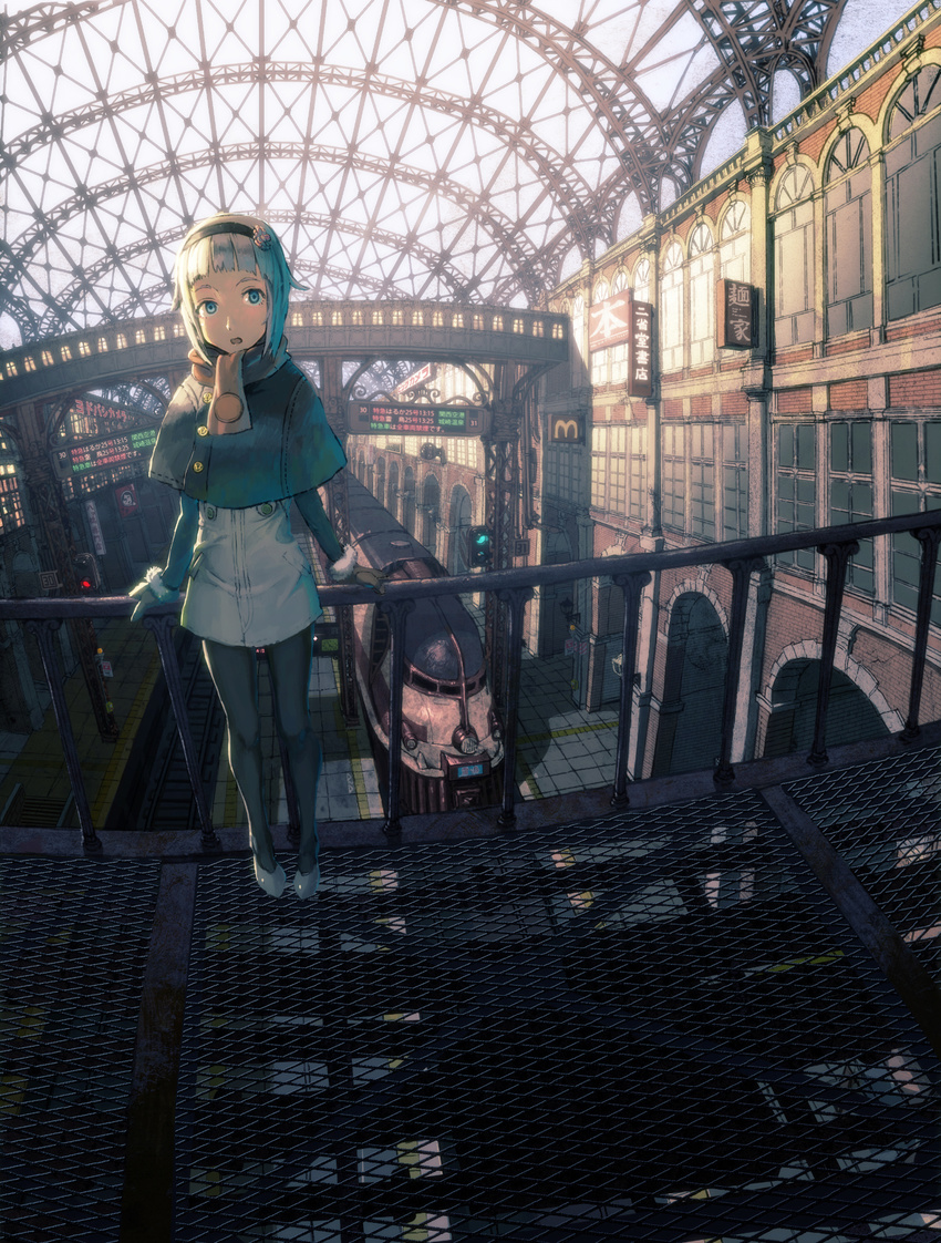 arch black_legwear blonde_hair blue_eyes brick_wall buttons capelet fisheye fur-trimmed_gloves fur_trim gloves grate ground_vehicle hairband highres indoors looking_at_viewer mcdonald's original pantyhose perspective railing rias-coast scarf scenery shoes short_hair sign silver_hair skirt skylight solo standing train train_station vanishing_point white_coat white_footwear wide_shot window winter_clothes